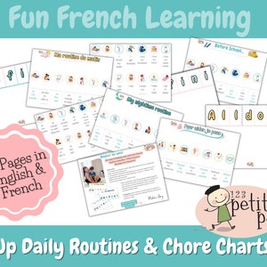 Puede incluir: Un conjunto de gráficos educativos coloridos para aprender francés. Los gráficos incluyen rutinas diarias y gráficos de tareas, con texto en inglés y francés. La imagen presenta el texto "Fun French Learning" y "Flip Up Daily Routines & Chore Charts."