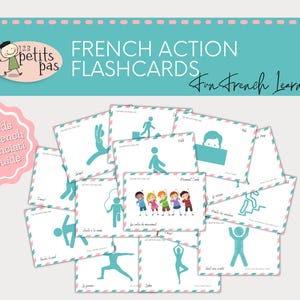 Puede incluir: Un conjunto de 14 flashcards de acción en francés con ilustraciones de personas realizando diferentes acciones. Las tarjetas están impresas en papel blanco con un borde rosa y azul. El texto "Fun French Learning" está impreso en azul en la parte superior de la imagen.