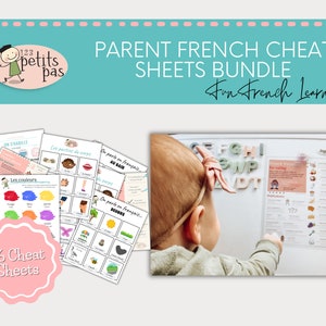May include: A set of 16 French learning cheat sheets for kids. The sheets are colorful and feature illustrations of various objects and body parts. The text on the sheets is in French. The image also shows a child interacting with the sheets on a white refrigerator.