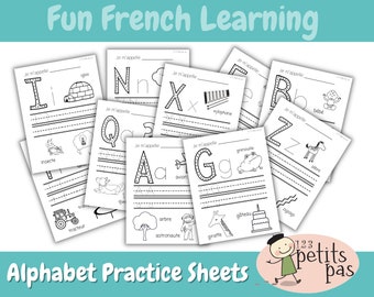 May include: Black and white printable alphabet practice sheets for kids learning French. Each sheet features a letter of the alphabet, a picture of an object that starts with that letter, and the French word for the object. The sheets also include the phrase "Je m'appelle" (My name is) and a space for the child to write their name.