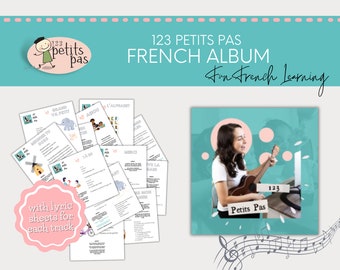 May include: A colorful album cover with the title "123 Petits Pas French Album" and the text "Fun French Learning". The cover features a woman playing a ukulele and the text "123 Petits Pas".