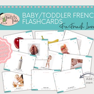 May include: A set of 44 colourful flashcards for babies and toddlers learning French. The cards feature images of common objects and words with French pronunciation guides. The text "Fun French Learning" is on the top of the image.