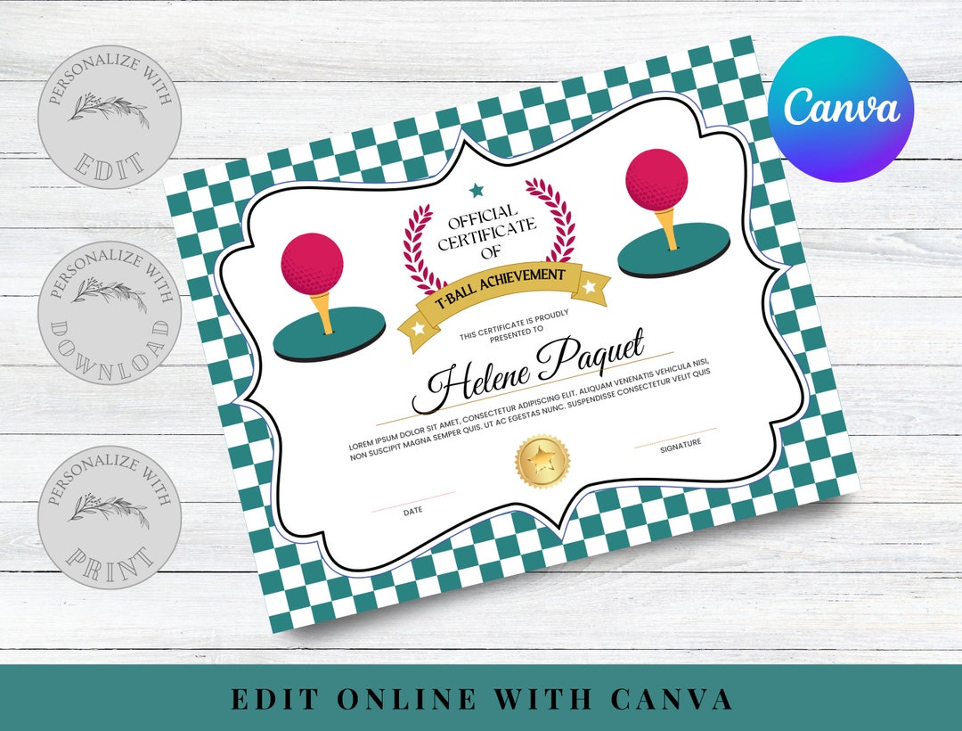 T Ball Certificate Template, Instant Download, Editable Participation