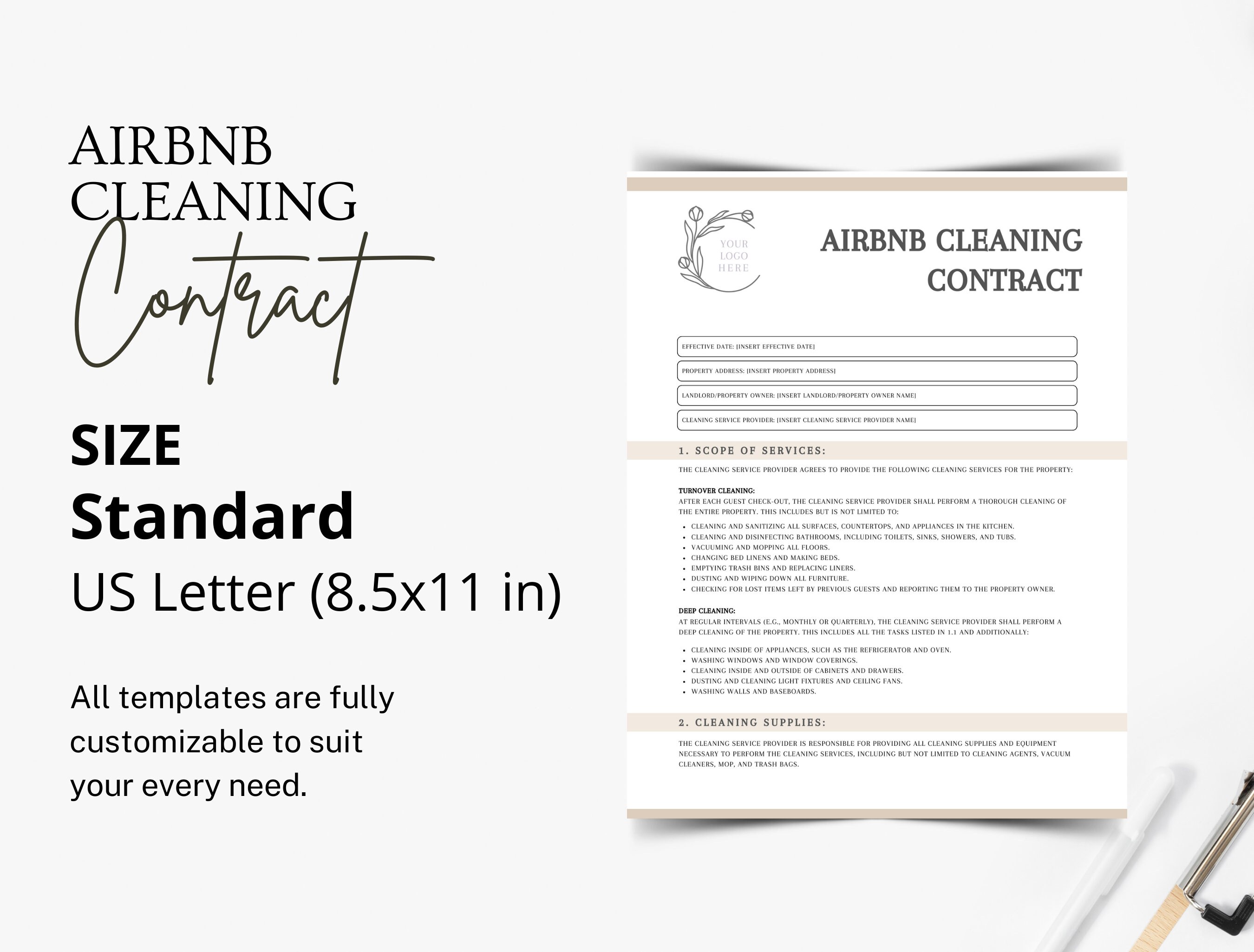 Airbnb Cleaning Service Contract Template, Editable Cleaning Service