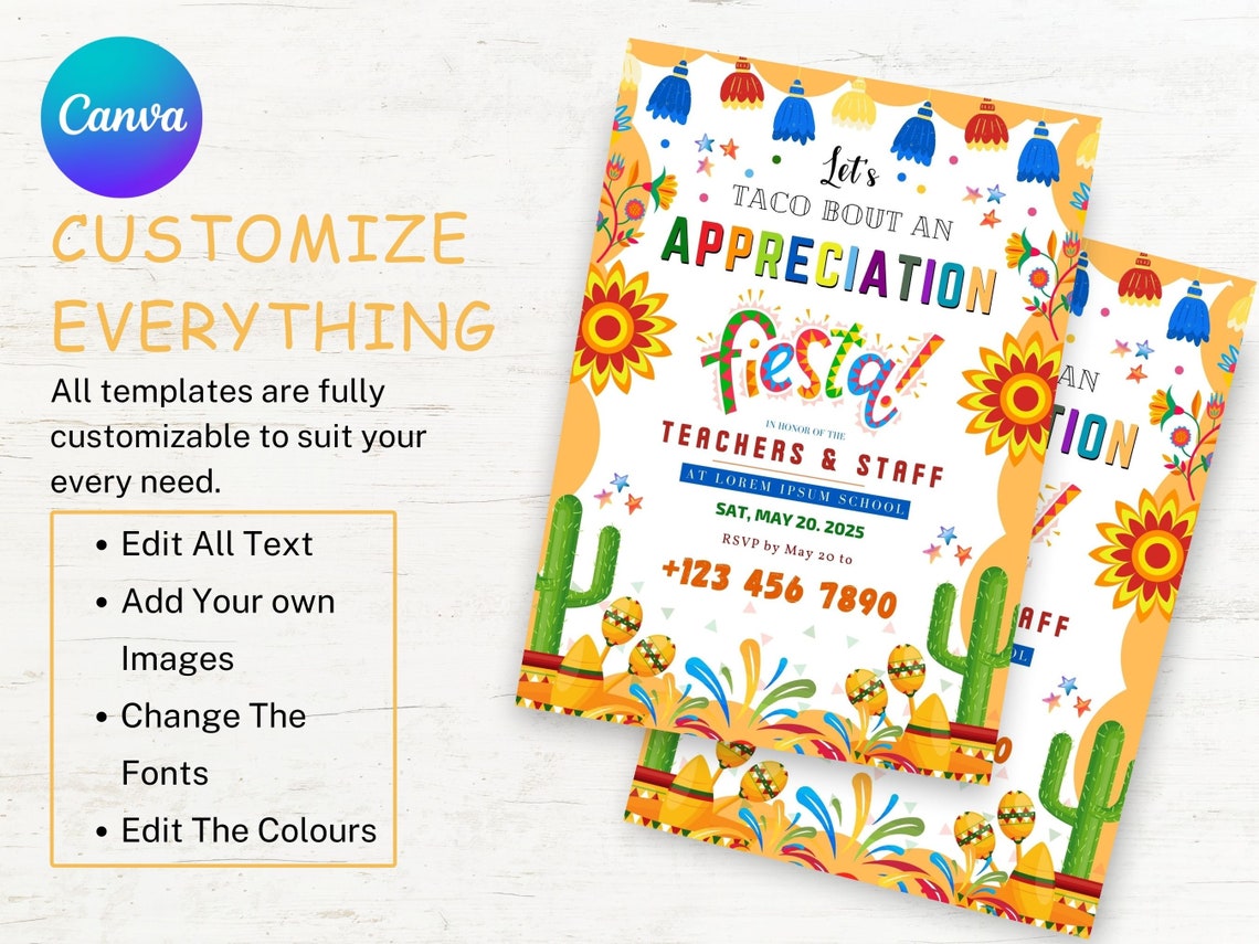 Editable Fiesta Teacher Appreciation Staff Invitation Flyer, Let's Taco ...