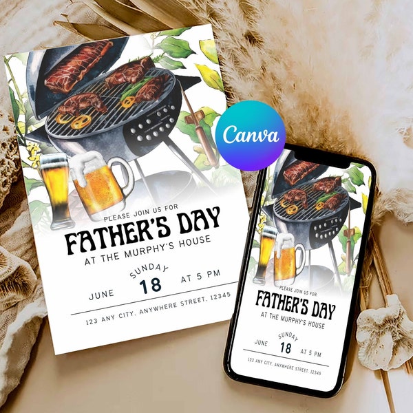 Editable Father's Day Bbq Invitation, Grill And Beer Rustic Fathers Day Bbq Invite 5x7 & 4x6 Editable Template Instant Download Pdf, Canva
