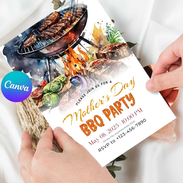 Editable BBQ Invitation, Mother's Day BBQ Invitation, BBQ Party Invitations, Barbeque Party, Barbeque Template, Instant Download, Canva