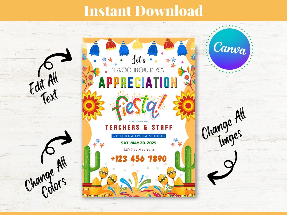 Editable Fiesta Teacher Appreciation Staff Invitation Flyer, Let's Taco ...