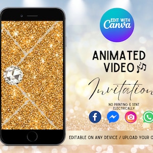 Invitación de vídeo electrónica, Invitaciones de vídeo personalizadas con sobre dorado con purpurina de apertura, Invitación de vídeo animada personalizada para cualquier evento