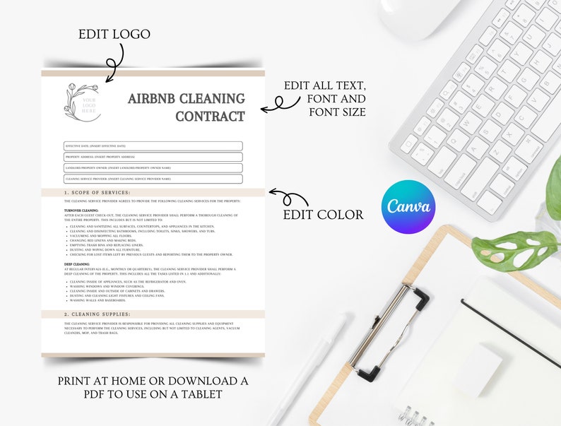 Airbnb Cleaning Service Contract Template, Editable Cleaning Service