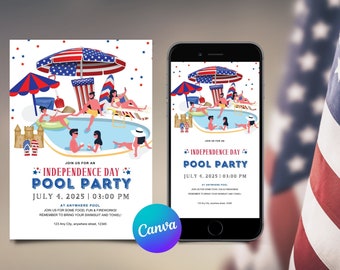 4th of July Pool Party Invitation, Pool Party Invitation, America Memorial Day Party, Swimming Party Invite, Fourth of July Party