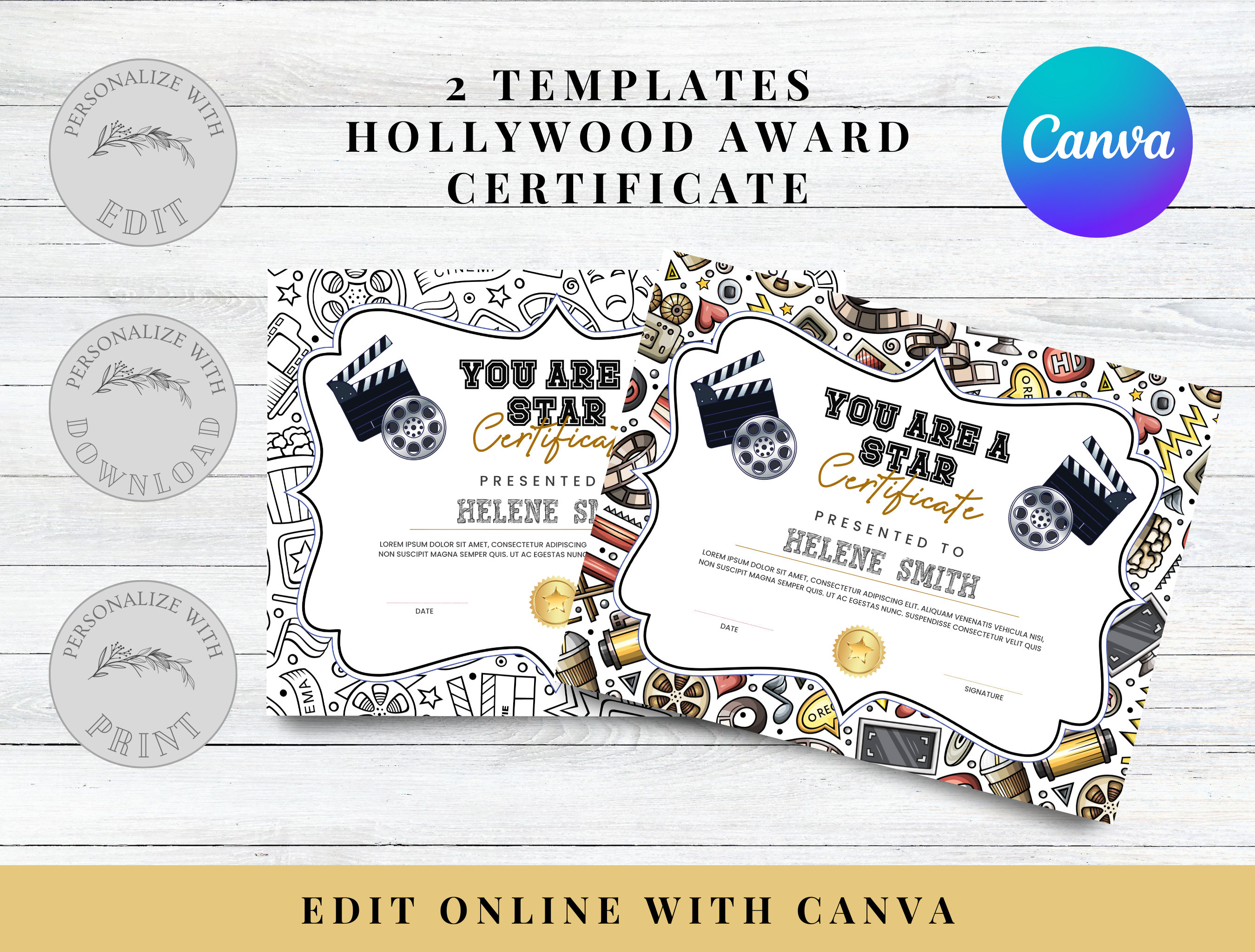 Editable Appreciation Hollywood Award Certificates, Movie Vip ...