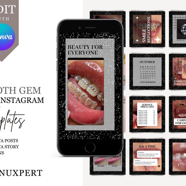 Tooth Gem Instagram Templates, Tooth Charms Social Media Post Template, Tooth Charms Instagram Post Template, Tooth Jewelry Social Media