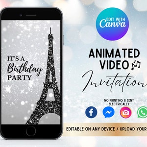 Custom Animated Invite, Eiffel Tower, Glitter Birthday Party, Any Text Video Invitation, Eiffel Tower Electronic Birthday Party Invitation