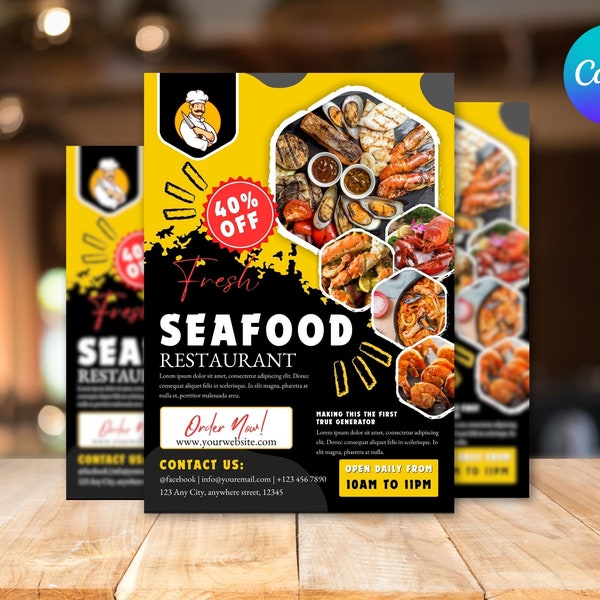 Seafood Restaurant Flyer, DIY Canva Seafood Restaurant Flyer Template, Editable US Letter Size Flyer for Seafood Restaurant, Food Flyer