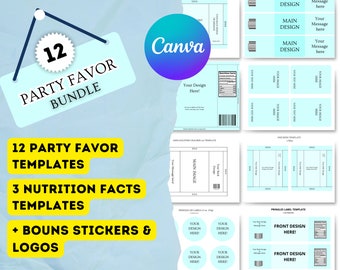 Party Favor Templates, Party Favors, Template Bundle, Chocolate Wrapper Template, Water Bottle Template, Chip Bags Templates, Cake Box
