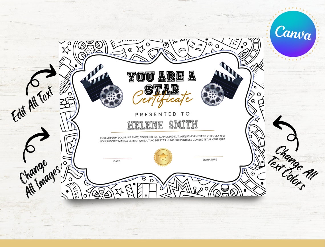 Editable Appreciation Hollywood Award Certificates, Movie Vip ...