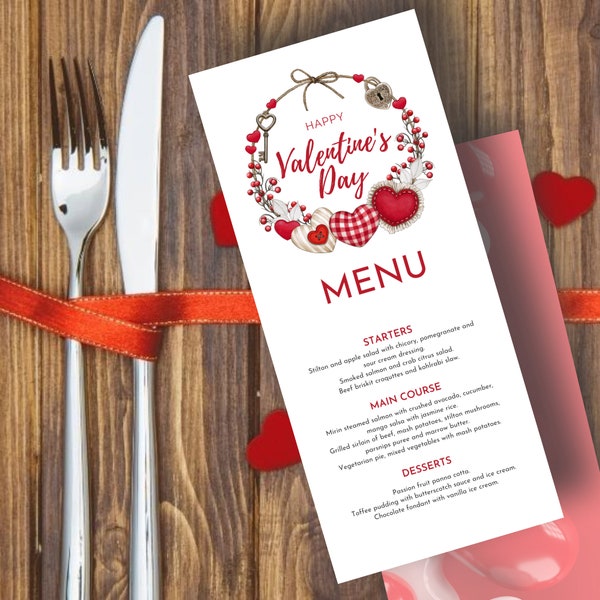 Modello di menu di San Valentino, carta menu di San Valentino moderno, menu di San Valentino stampabile, menu per cena di San Valentino, menu di cuori modificabili