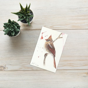 Cardenal madrugador, tarjeta en blanco, tarjeta de felicitación, tarjeta de acuarela de cardenal hembra, impresión de pájaro, regalo para observadores de aves, amor por los pájaros, tarjeta navideña