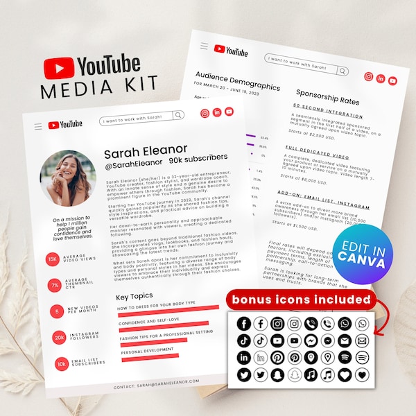 Youtube Media Kit Canva Template Youtuber Press Kit Youtube Channel Sponsoring Rate Sheet Canva 2-Page Youtuber Brand Deals Template Canva
