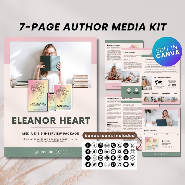 7-Page Author Media Kit Canva Template, Author Press Kit, Book Media Kit, Writer Media Kit Canva Template, Book Launch Press Release Canva