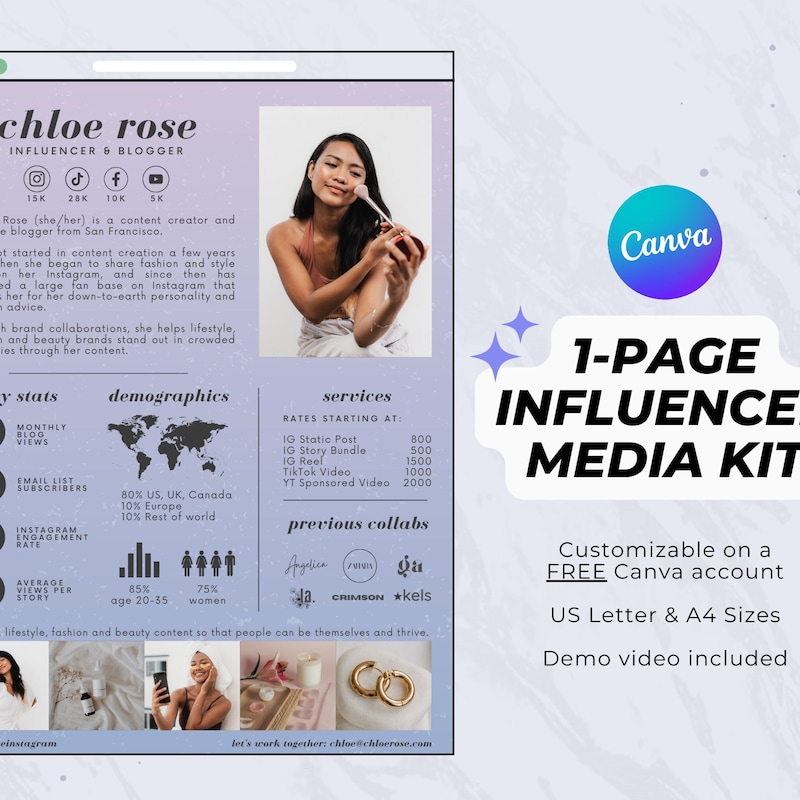 Media Kit Tiktok Instagram, Media Kit Template, Blogger Media Kit , One Page