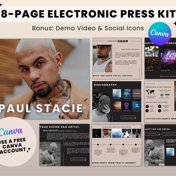 Kit de presse électronique de musique de 8 pages, kit de média d'artiste, EPK pour musiciens, EPK de musicien, kit de média de bande, modèle de canva de kit de presse de chanteur