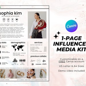 May include: A pink and white graphic with a white border and black text. The text reads "sophia kim" in a large font, "INFLUENCER & BLOGGER" in a smaller font, and "1-PAGE INFLUENCER MEDIA KIT" in a large font. The graphic also includes a photo of a woman wearing a red and black patterned shirt and a black skirt. The graphic also includes a world map, a bar graph, and a list of services.