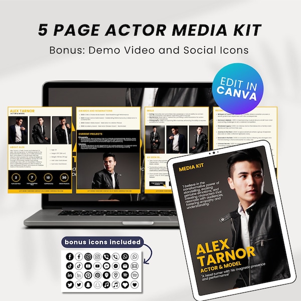 5-Page Actor Media Kit Canva Template Actor Press Kit EPK for Actors Acting Electronic Press Kit for Actress Editable Template Canva