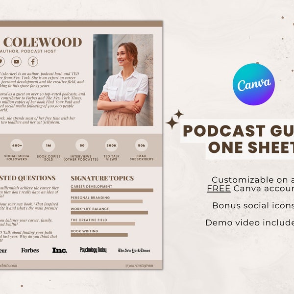 Podcast Guest One Sheet Template, Podcast Guest Template, Speaker Sheet, Speaker One Page, Speaker One Sheet Canva Template Podcast Guest