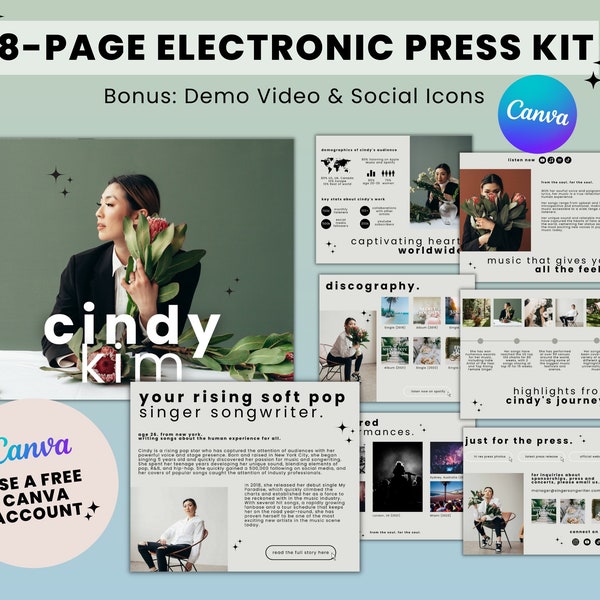 8 Page Music Electronic Press Kit, Artist Media Kit, EPK for Musicians, Singer Press Kit Canva Template, Musician EPK, Band Media Kit