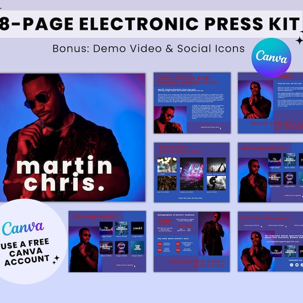 8 Page Music Electronic Press Kit, EPK for Musicians, Artist Media Kit, Singer Press Kit Canva Template, Band Media Kit, Musician EPK