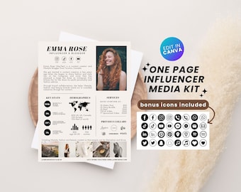 May include: A black and white media kit template for an influencer or blogger. The template features a photo of a woman, key stats, demographics, services, and previous collaborations. The text "Emma Rose Influencer & Blogger" is at the top of the template. The text "One Page Influencer Media Kit" is at the top of the template. The text "Bonus icons included" is at the bottom of the template.