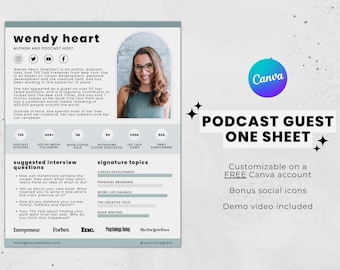 Podcast Guest One Sheet Template, Podcast Guest Template, Speaker Sheet, Speaker One Sheet Canva Template Podcast Guest, Speaker One Page