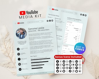 Youtube Media Kit Canva Template Youtuber Press Kit Youtube Channel Sponsorship Rate Sheet Canva 2-Page Youtuber Brand Deals Template Canva