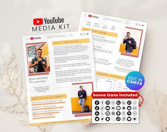 Youtube Media Kit Canva Template Youtuber Press Kit Youtube Channel Sponsorship Rate Sheet Canva 2-Page Youtuber Brand Deals Template Canva