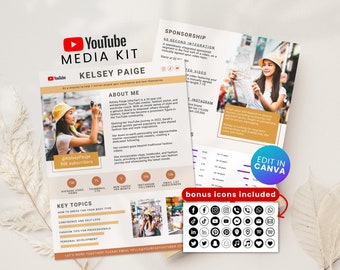 Youtube Media Kit Canva Template Youtuber Press Kit Youtube Channel Sponsorship Rate Sheet Canva 2-Page Youtuber Brand Deals Template Canva