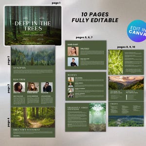 May include: A 10-page, fully editable film press kit template with a green background and images of a forest. The template includes sections for synopsis, film crew, lead cast, reviews, frequently asked questions, technical information, contact information, and credits. The text "Deep in the Trees" is featured on the cover.