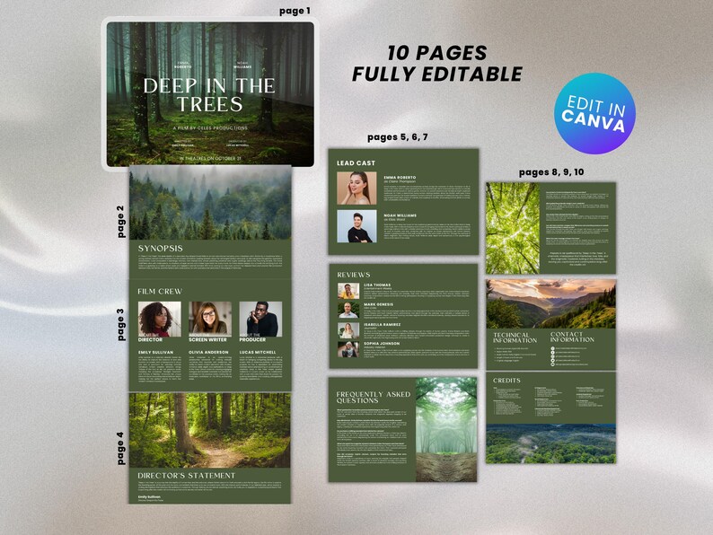 May include: A 10-page, fully editable film press kit template with a green background and images of a forest. The template includes sections for synopsis, film crew, lead cast, reviews, frequently asked questions, technical information, contact information, and credits. The text "Deep in the Trees" is featured on the cover.