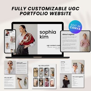 May include: A website mockup showcasing a fully customizable user-generated content (UGC) portfolio website template. The website features a clean and modern design with a focus on showcasing video content. The template is designed to be easily edited in Canva, allowing users to create a professional and engaging online portfolio.
