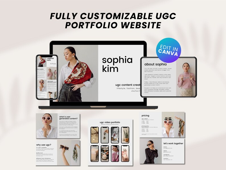 May include: A website mockup showcasing a fully customizable user-generated content (UGC) portfolio website template. The website features a clean and modern design with a focus on showcasing video content. The template is designed to be easily edited in Canva, allowing users to create a professional and engaging online portfolio.