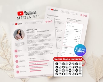 Youtube Media Kit Canva Template Youtuber Press Kit Youtube Channel Sponsorship Rate Sheet Canva 2-Page Youtuber Brand Deals Template Canva