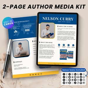 Könnte beinhalten: Ein zweiseitiges Medienkit für einen Autor namens Nelson Curry. Das Kit enthält Informationen über den Autor, sein Buch "Building a Game" und Kontaktinformationen. Das Kit ist für die Bearbeitung in Canva konzipiert und enthält Bonus-Icons.