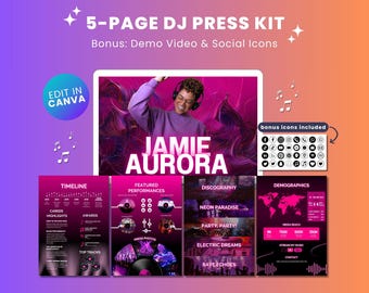 5 Page DJ Electronic Press Kit, Artist Media Kit, EPK for Musicians, Musician EPK, Band Media Kit, Singer Press Kit Canva Template