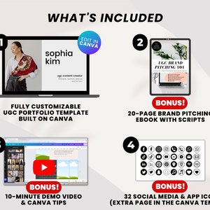 May include: A graphic showing what's included in a UGC portfolio template. The template is fully customizable and built on Canva. It includes a 10-minute demo video and Canva tips, a 20-page brand pitching ebook with scripts, and 32 social media and app icons.