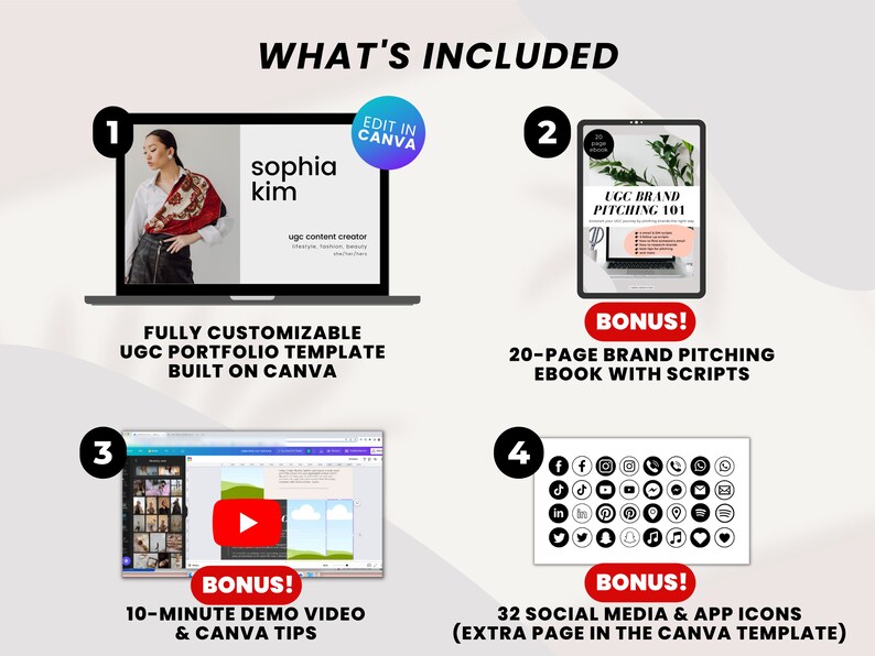 May include: A graphic showing what's included in a UGC portfolio template. The template is fully customizable and built on Canva. It includes a 10-minute demo video and Canva tips, a 20-page brand pitching ebook with scripts, and 32 social media and app icons.