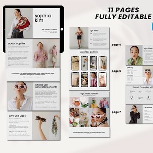 May include: A digital marketing portfolio for a UGC creator named Sophia Kim. The portfolio includes pages about Sophia, her work, pricing, and contact information. The portfolio is fully editable and can be used in Canva.