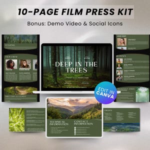 May include: A 10-page film press kit with a green and black color scheme. The kit includes a title page with the title "Deep in the Trees", a film crew page, a lead cast page, a reviews page, a frequently asked questions page, a director's statement page, a technical information page, a contact information page, and a credits page. The kit is editable in Canva.