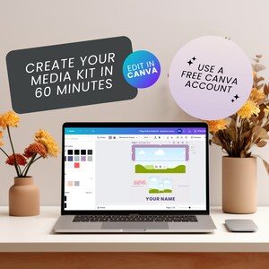 K&ouml;nnte beinhalten: Ein Laptop-Computer, auf dem eine Canva-Medienkit-Vorlage mit einem blauen, gr&uuml;nen und wei&szlig;en Farbschema angezeigt wird. Der Text auf dem Bildschirm lautet "Erstelle dein Medienkit in 60 Minuten" und "Verwende ein kostenloses Canva-Konto".