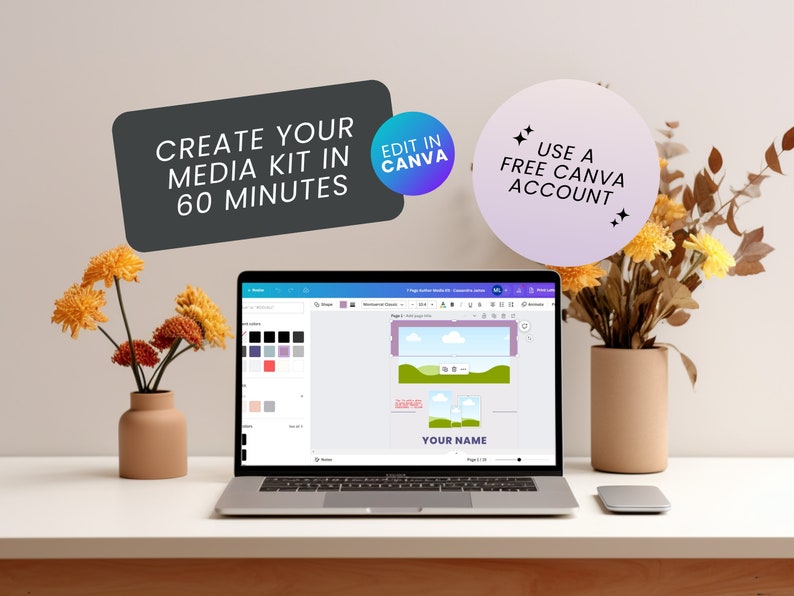 K&ouml;nnte beinhalten: Ein Laptop-Computer, auf dem eine Canva-Medienkit-Vorlage mit einem blauen, gr&uuml;nen und wei&szlig;en Farbschema angezeigt wird. Der Text auf dem Bildschirm lautet "Erstelle dein Medienkit in 60 Minuten" und "Verwende ein kostenloses Canva-Konto".